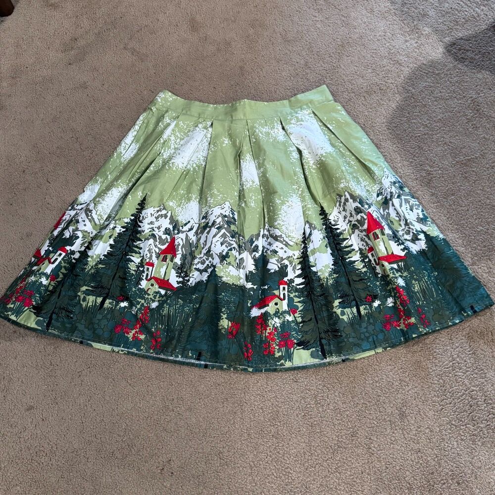 Winter Alpine Mountain Print Vintage Style Pleated Circle Swing Skirt Size XL